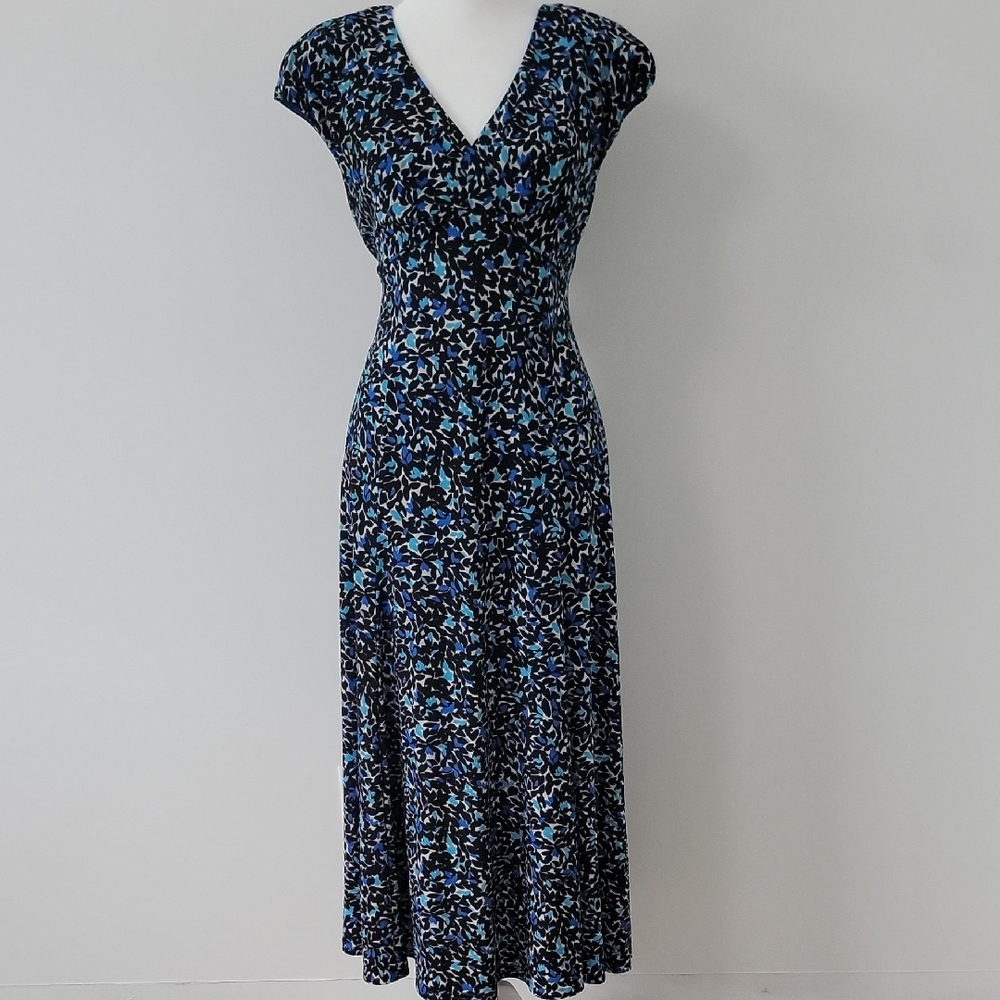 Women's Jones New York Blue Black White V-Neck Midi Cap Sleeves Dress Size 8
